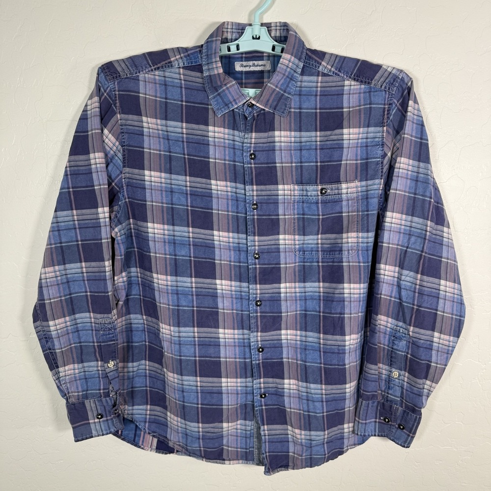 Tommy‎ Bahama Shirt Mens Large Blue Purple Plaid Button Up Long Sleeve Casual